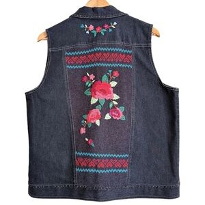 ALFRED DUNNER Boho Colorful Floral Embroidered Beaded Denim Vest Jacket Size 12